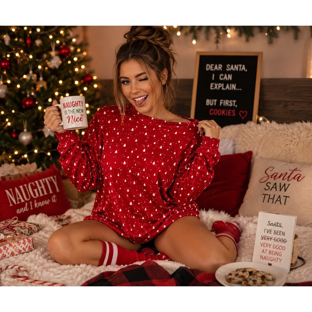 Auden Women's Christmas Fleece Sleep Top XL Red White Tree Print Pajama Shirt